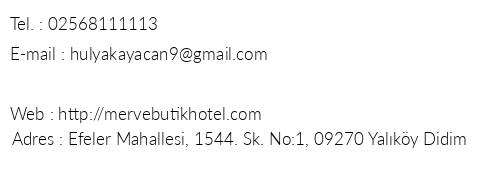 Merve Butik Otel telefon numaralar, faks, e-mail, posta adresi ve iletiim bilgileri
